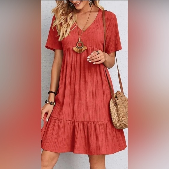 Dresses & Skirts - NWT Boho S,M,L Midi Summer/Fall A-line short sleeve dress. Dk Orange/Red